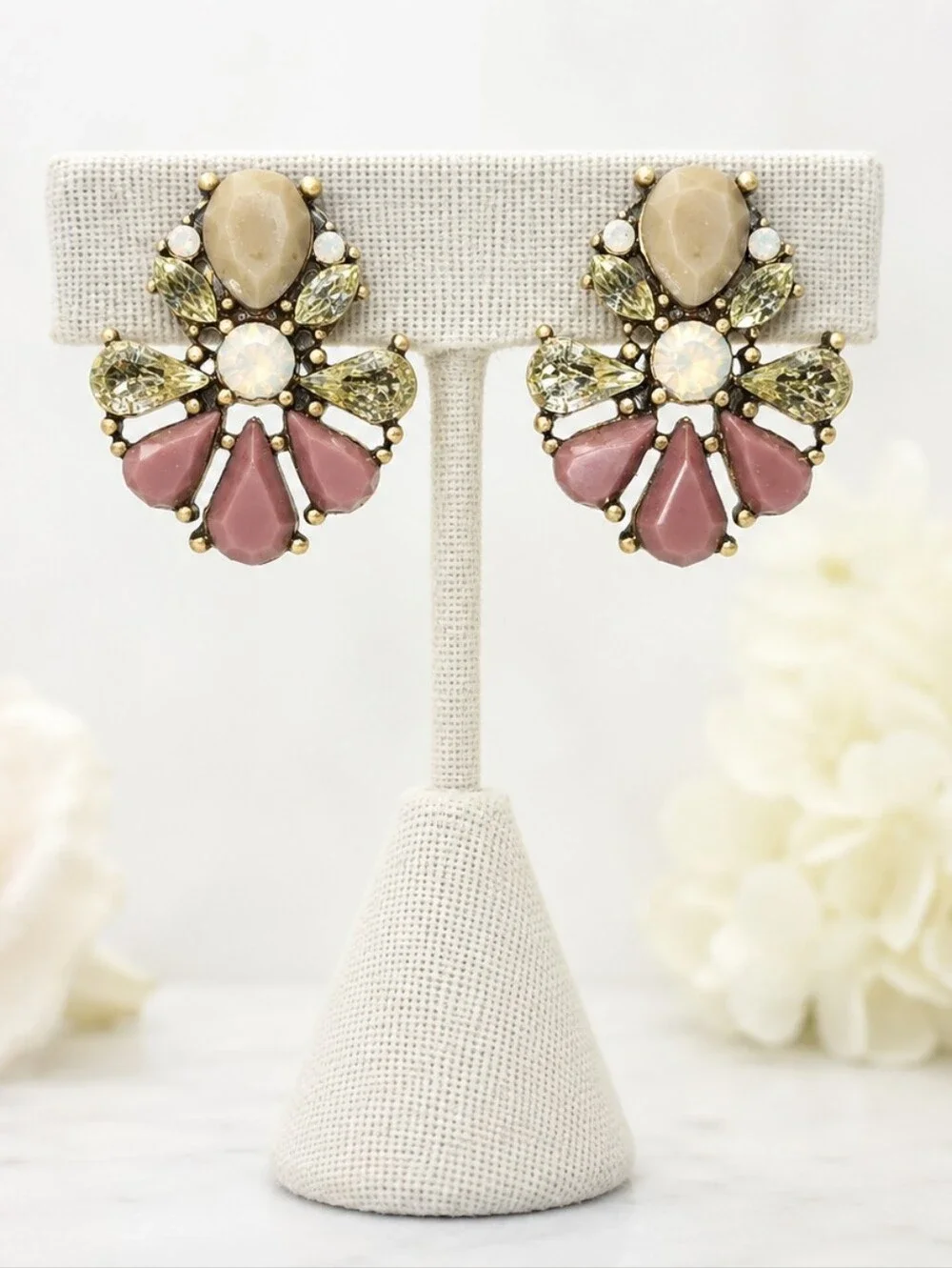 Vintage Style Pink Cream Rhinestone Cluster Pierced Earrings .75 x 1